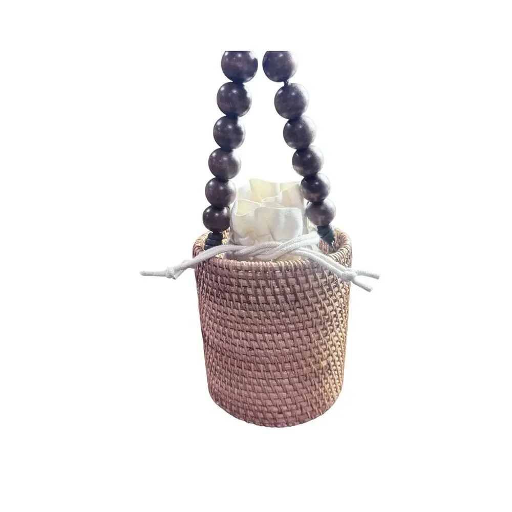 J.Crew Handknotted Rattan Bucket Bag Wood Beaded Top Handle Straw Purse NWOT